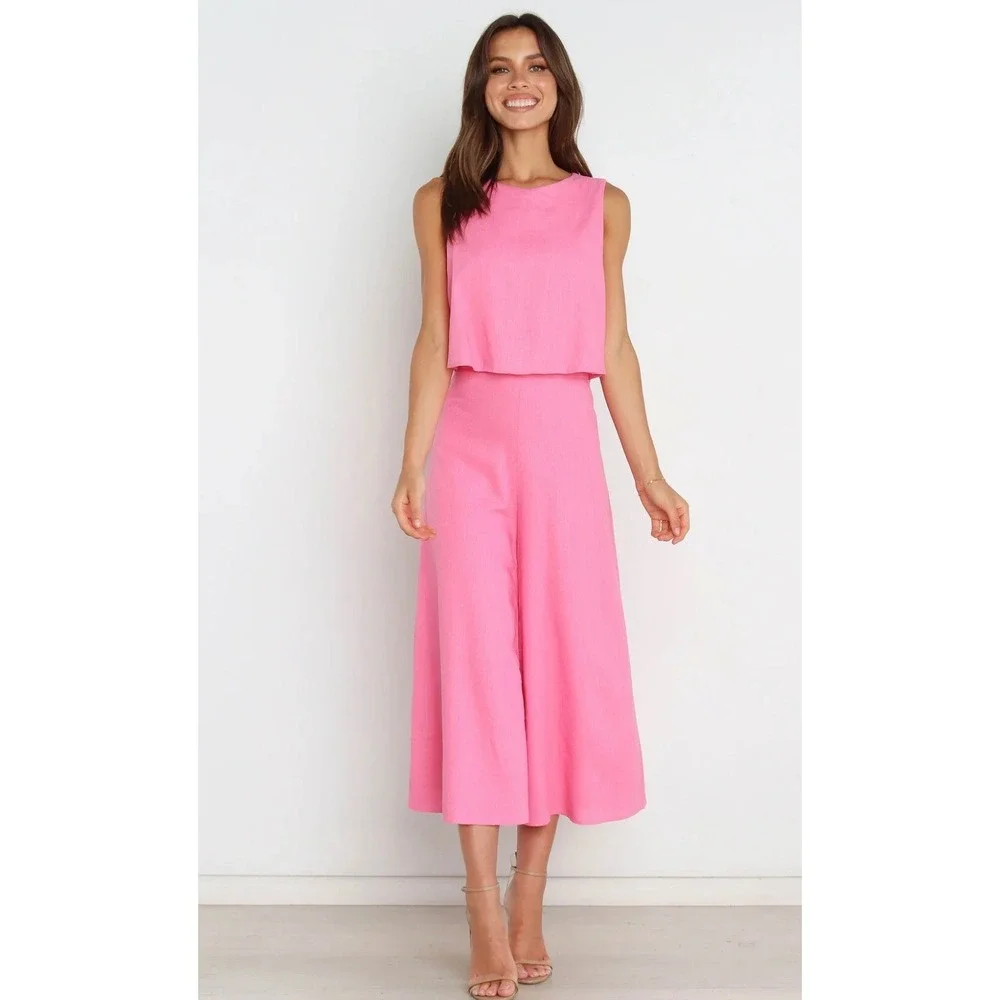 MVN THE LABEL Femme Pink Linen Blend Wide Leg Crop Overlay Jumpsuit US 4 NEW